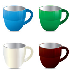 Multicolored cup set isolated on white background. Cup set.