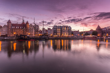 Fototapeta na wymiar Waterfront in the evening with moored ship, Gdansk, Poland