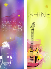 Set of vector banners with mic, electric guitar and textures