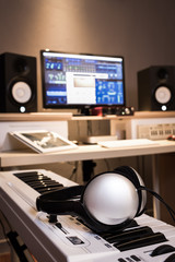 headphone in recording studio for music or broadcasting concept