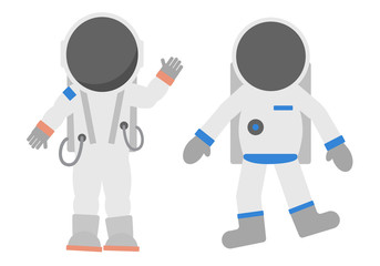 Isolated cosmonauts set on white background. Astronauts in different suits and helmets. Standing and floating. Exploring cosmos.