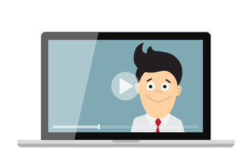 Online learning concept. Laptop monitor with teacher, tutor, businessman and play button. Online learning or e-learning and webinar. Concept of vlogging or blogger.