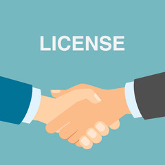 License safety handshake. Men shacking hands for insurance of license, patent from copyriting.