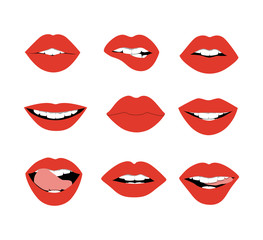 Red lips set on white background. Sexy and glamour red lips for body expression. Concept of romantic holiday or valentines day.