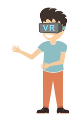 Man in vr. Teen boy or adult man in vr glasses standing on white background. Augmented reality and cyberspace. Video game or 3D film.