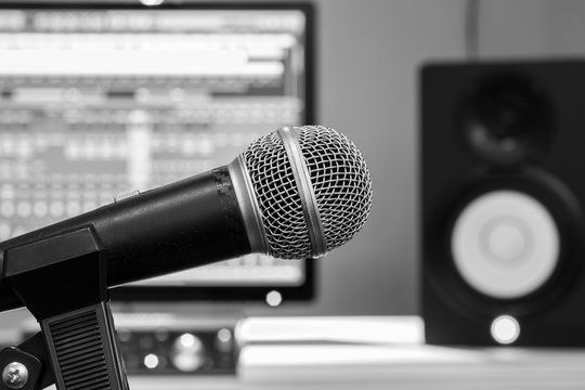 BW microphone in recording studio, closeup