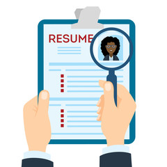 woman resume with magnifier at the table. Cv resume concept. Finding a worker. Apply for a job. Business opportunity. Cv profile.