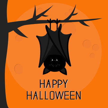 Happy Halloween card. Cute sleeping bat hanging on tree. Closed wings. Cartoon character. Baby illustration collection. Flat design. Orange background with big moon.