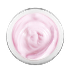 Cosmetic cream in jar, top view, isolated on white