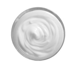 Cosmetic cream in jar, top view, isolated on white