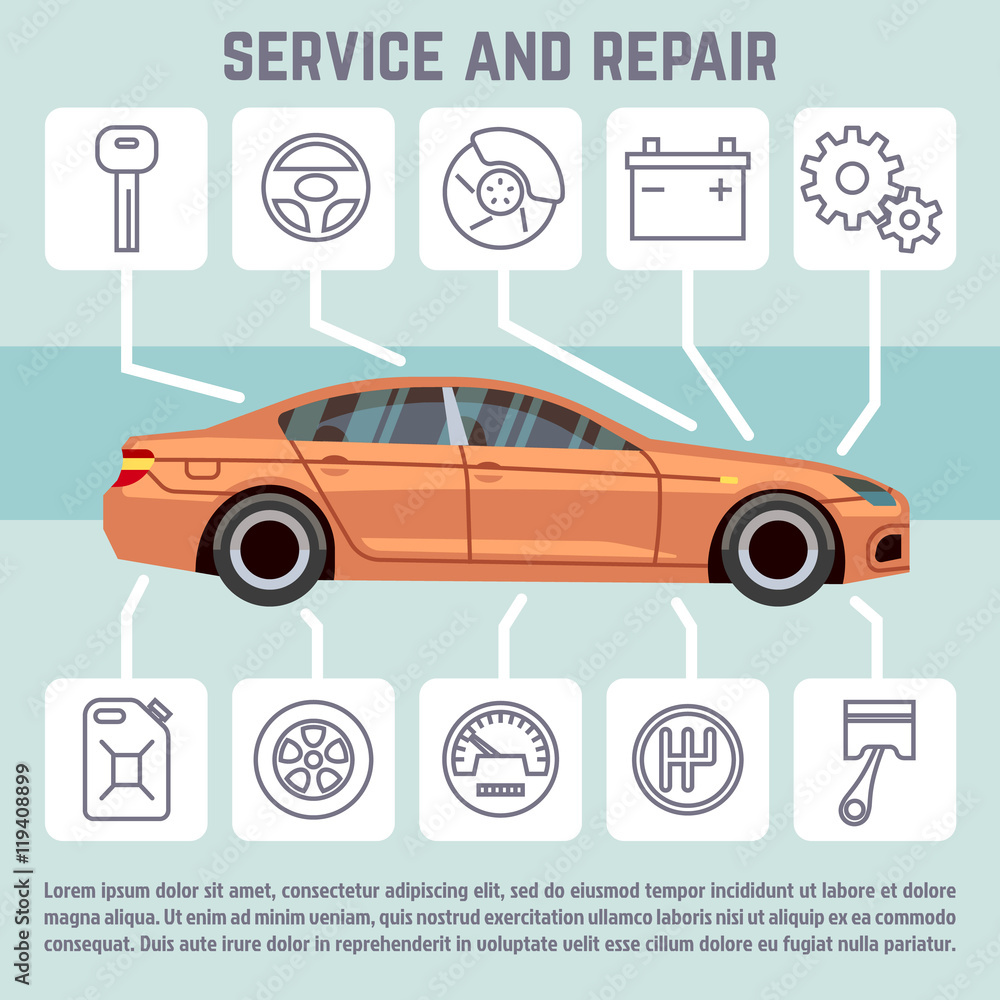 Canvas Prints Car parts, service and repair line icons vector infographic template