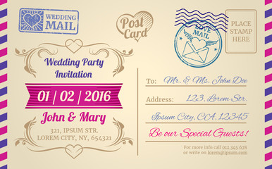 Vintage postcard vector template for wedding invitation, love letter, valentines day