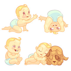 Cute baby in diaper vector character set