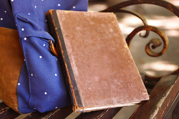 Backpack and book on bench in park, close up