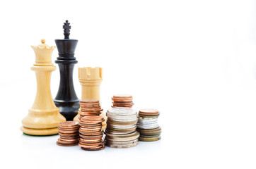 Stack coins and chess. Income and profits. Marketing strategy.