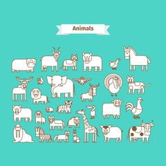 Animals Line Art Vector white Icons on blue background