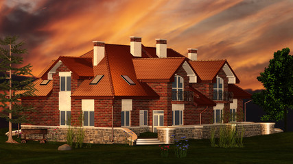 Doppelhaus im Landhausstil vor einem feurigen Abendhimmel