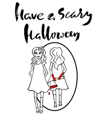 Pretty girl with an ax reflected in a mirror. Have a scary Halloween. Beautiful girl with her hands in the blood. Vector Halloween lettering.