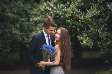 Young beautiful couple, girl with perfect dress posing in park