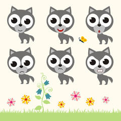 Vector set cute wolf. Collection isolated funny wolf. Emotion little wolf.