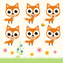 Vector set cute fox. Collection isolated funny fox. Emotion little fox.
