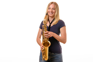 Fototapeta premium Attractive young woman with a treble saxophone