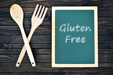 Gluten Free text on green board with fork and spoon