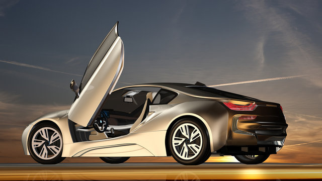 Modernes Sportcoupe vor einem Abendhimmel