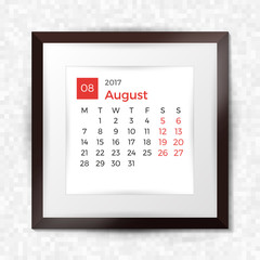 Realistic square picture frame with calendar for August 2017. Isolated on pixel background. Vector illustration.