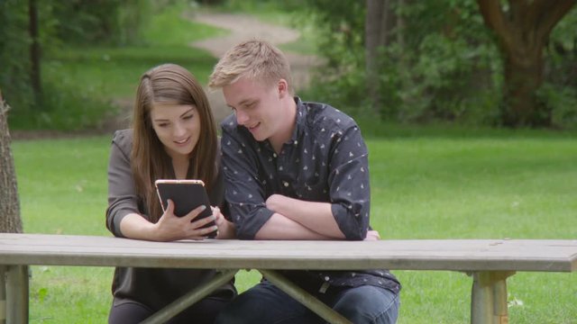 Young couple using laptop in the park