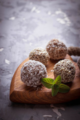 Raw vegan candies c with dried fruit and coconut