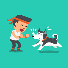 Cartoon man playing with his siberian husky dog