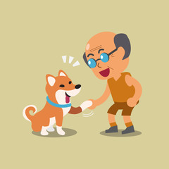 Cartoon senior man with his shiba inu dog