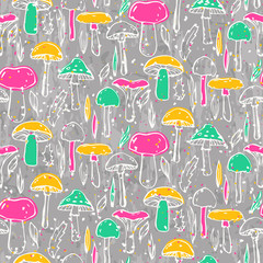 Seamless pattern with different mushrooms