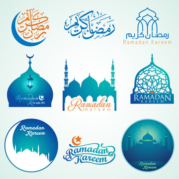 Ramadan Kareem set of emblems arabic calligraphy and arabic lantern for islamic icon greeting banner design