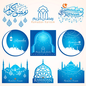 Nine sets of Ramadan Kareem emblem for badges and islamic holiday icon for greeting and banner design