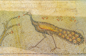 The mosaic of peacock in Multiplication Church, Tabgha, Israel