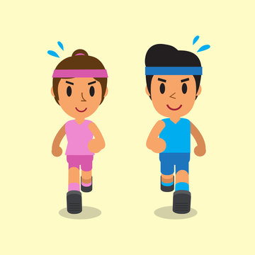 Cartoon man and woman running together