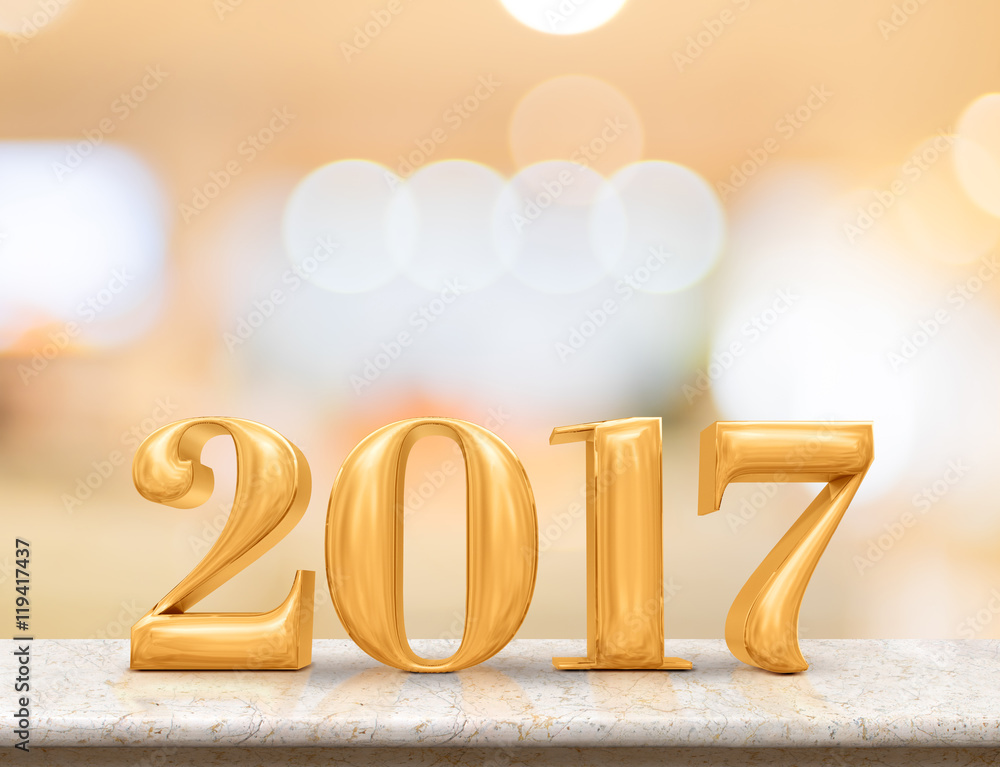 Poster golden color 2017(3d rendering) new year on marble table top wit