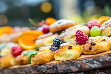 Fotobehang Catering buffet food outdoor. Cakes colorful fresh fruits berries oranges grapes and herb decorations. © weyo