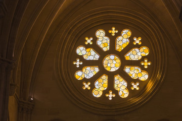 Detail of stained glass window in the interior of the Cathedral, Cuenca, Spain