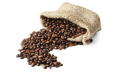 Coffee beans in bag on white isolated background