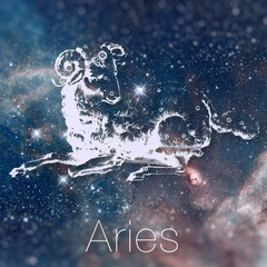 Astrological zodiac sign - Aries. Vintage astrological drawing. Galaxy sky on the background. Can be used for horoscopes. Elements of this image furnished by NASA. - 119421266