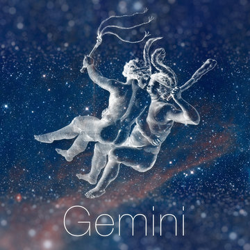 Astrological zodiac sign - Gemini. Vintage astrological drawing. Galaxy sky on the background. Can be used for horoscopes. Elements of this image furnished by NASA.