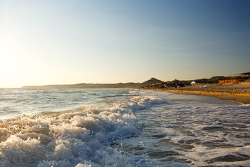 Fototapeta na wymiar Solero Beach at Sundown. Long sandy beach between Eraclea Minoa and Torre Salsa, Sicily, Italy