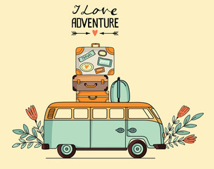 Vector illustration of vintage bus with baggage - 119422267