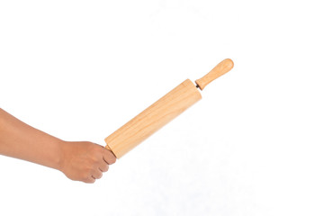 hand hold rolling pin on white background ,selective focus