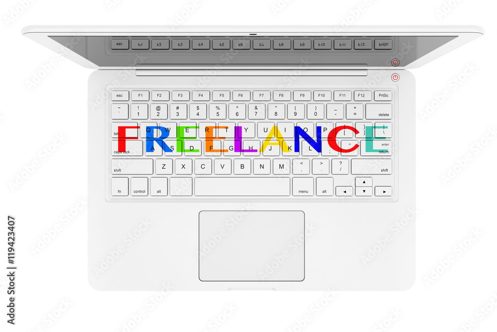 Poster feelance sign over laptop keyboard. 3d rendering