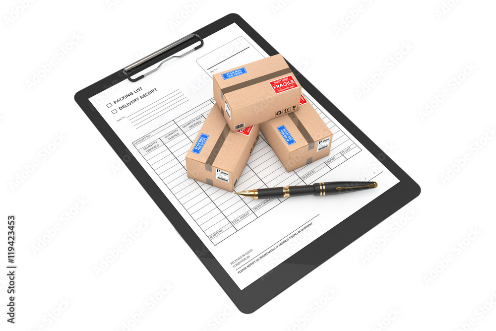 Poster Cardboard Parcel Package over Delivery Note. 3d Rendering