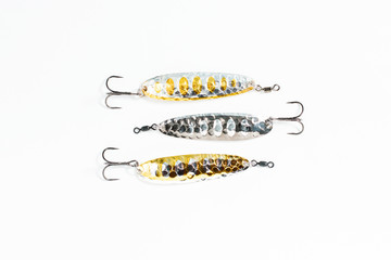 Fishing jigs closeup isolated on white background